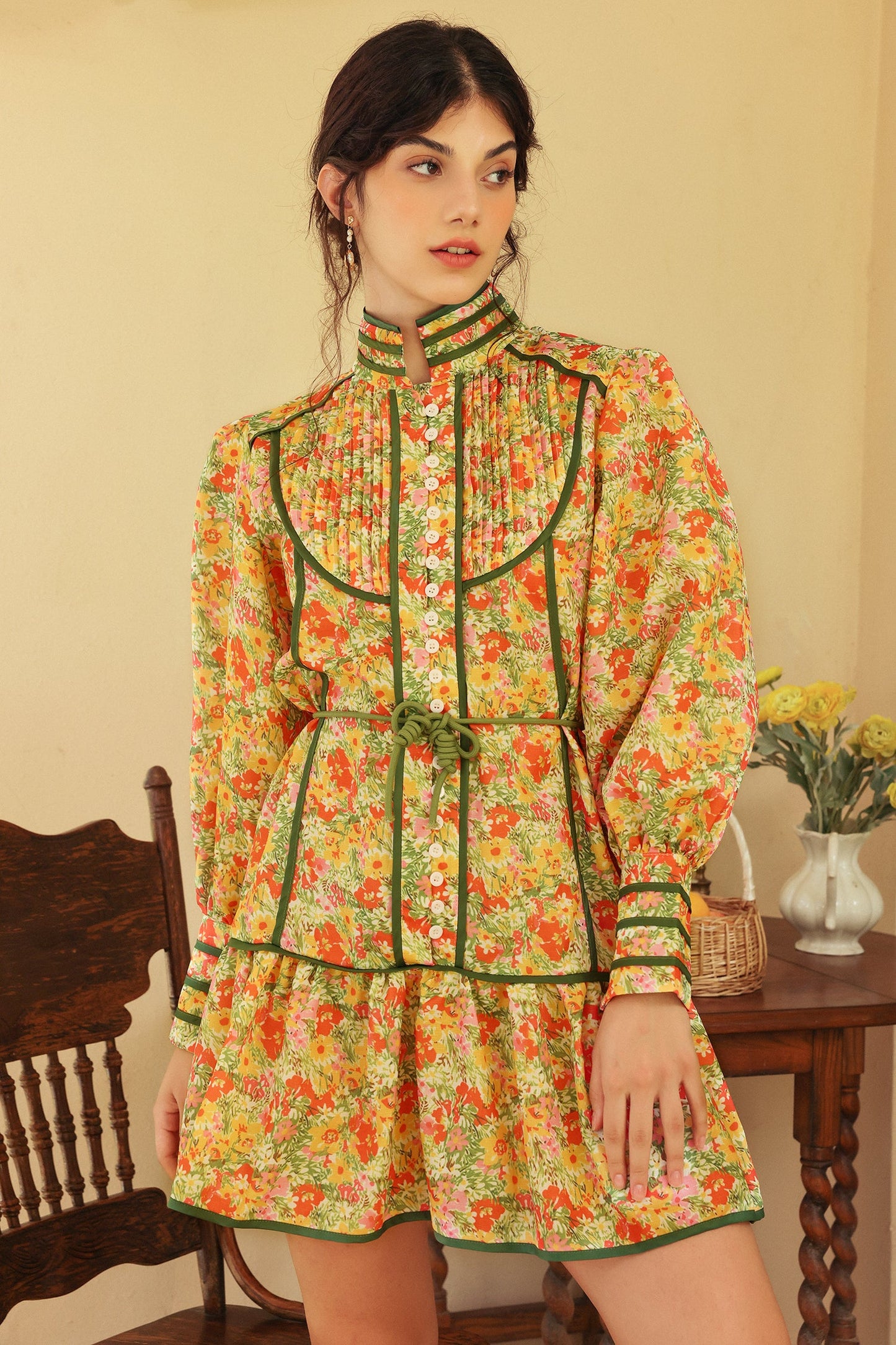 Floral Puff Long Sleeve High Collar Lace Up Ruffle Mini Dress