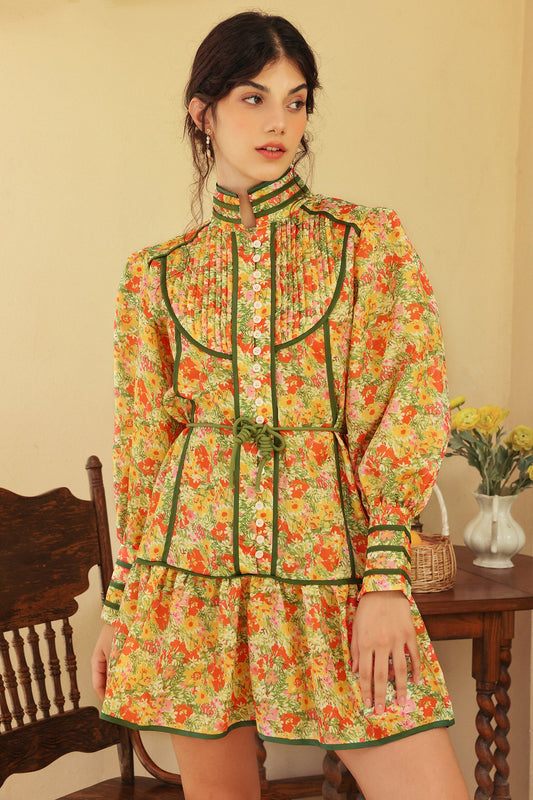 Floral Puff Long Sleeve High Collar Lace Up Ruffle Mini Dress