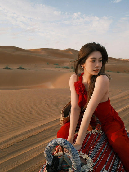 Red One-Shoulder Floral Maxi Dress – Romantic & Bold Desert Look