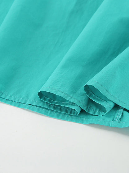Loose Short Sleeves Drawstring Pleated Solid Color Split-Joint Tied Waist V-Neck Midi Dresses Shirt Dress