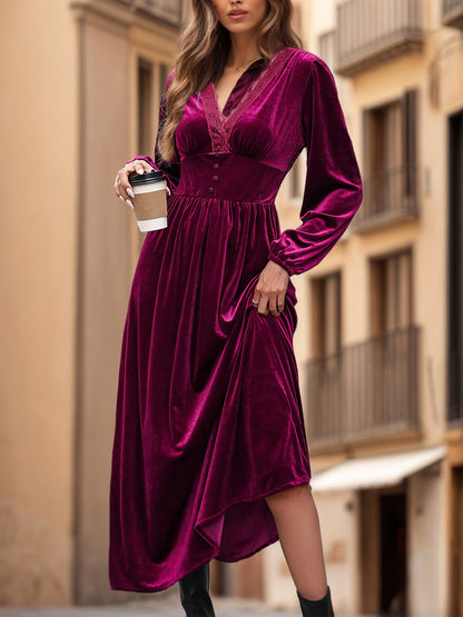 Velvet Dress Scoopped V Neck Long Sleeves Maxi Dresses In Burgundy