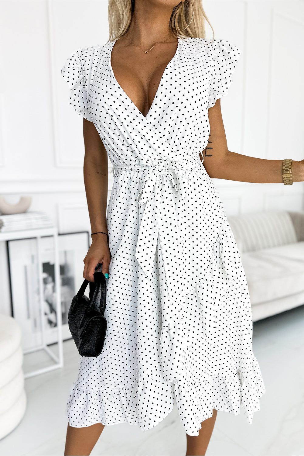 White Polka Dot V Neck Wrap Tie Ruffled Sleeve Midi Dress