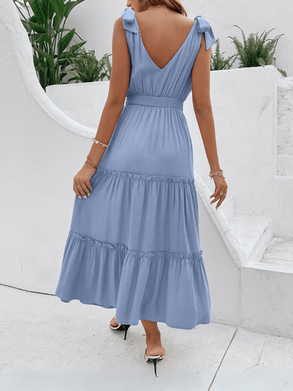 Riko Shoulder Tie Tired Midi Dress