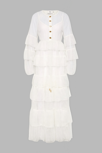 Wintk White Round Neck Lace Maxi Dress