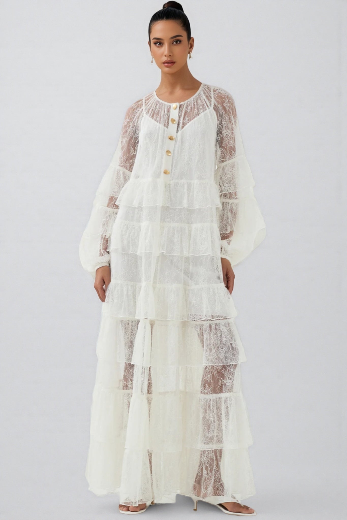 Wintk White Round Neck Lace Maxi Dress