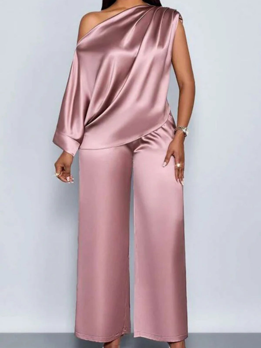 Satin Sloping Shoulders Short Sleeve Jacket Wide-leg Pants Set 2-piece Sets