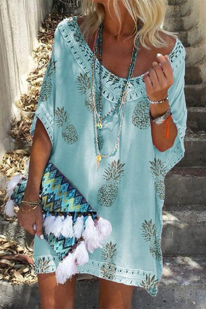 Margovil V Neck Hollow Out Pineapple Printed Batwing Beach Dress