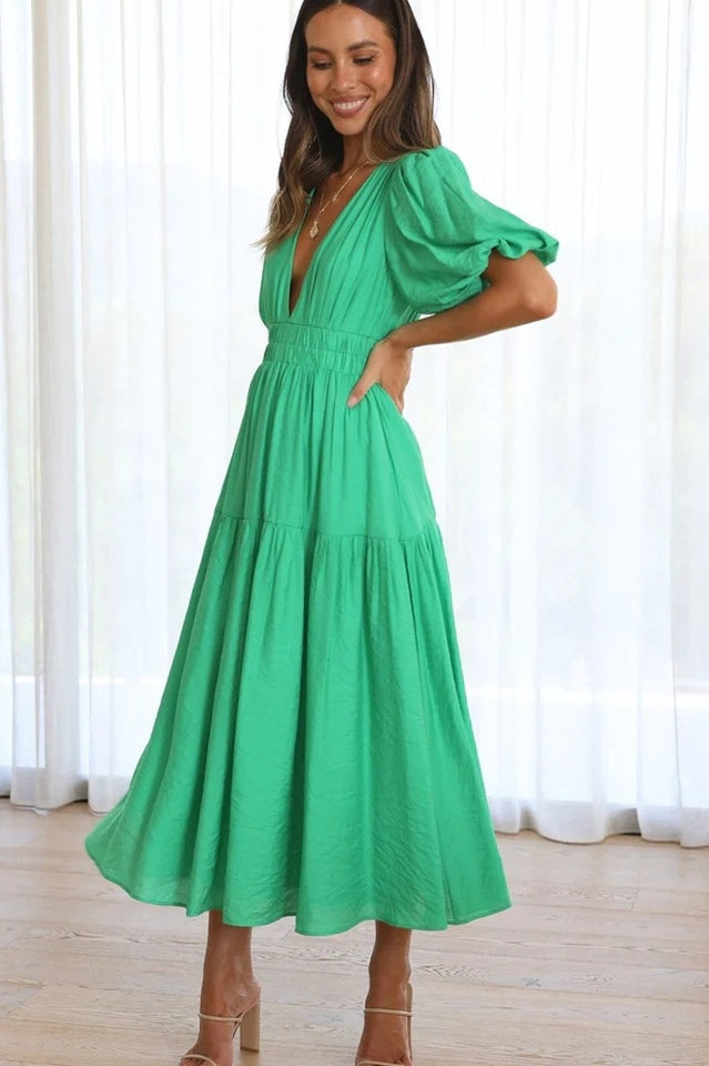 V Neck Puff Sleeve Smocked Empire Waist Tiered Midi Dress