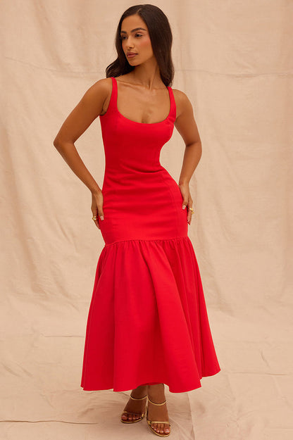 Scoop Neck Princess Seam Dropped Waist Flared Trumpet Midi Dress