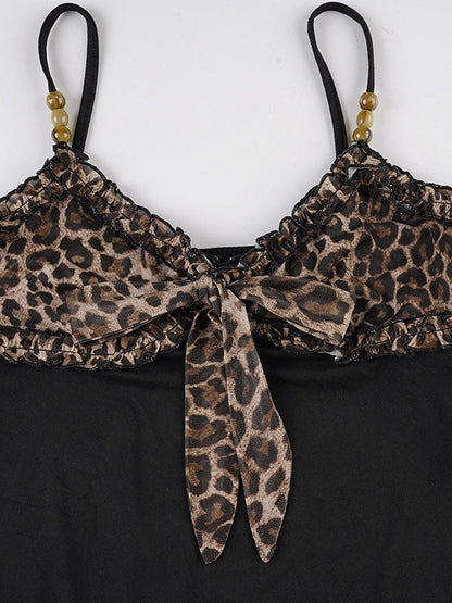 Black Leopard Print Color-blocked Mesh A-line Camisole