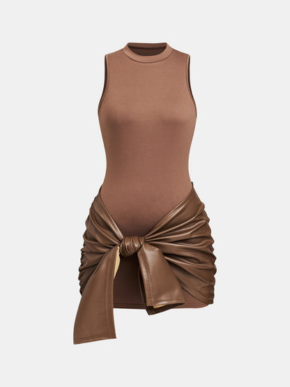 Sleeveless Mini Dress With Front Tie And PU Trim Two-piece Set