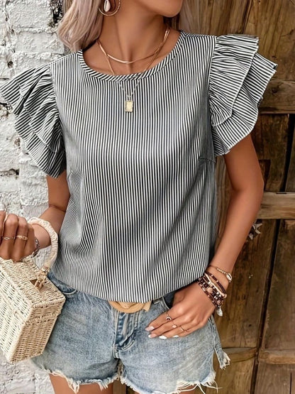 Round Neck Striped T-shirt With Ruffled Sleeves