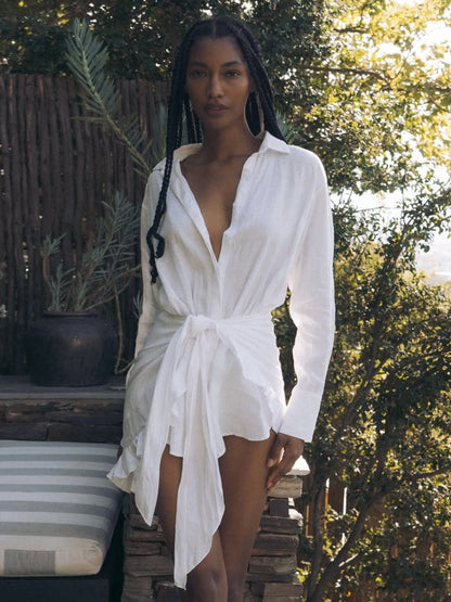 Pure Cotton Lapel Hip-hugging Shirts Mini&Short Dresses