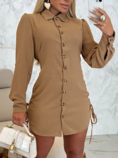 Long-sleeved Solid Color Short Dress With Drawstring Buttons On Both Sides
