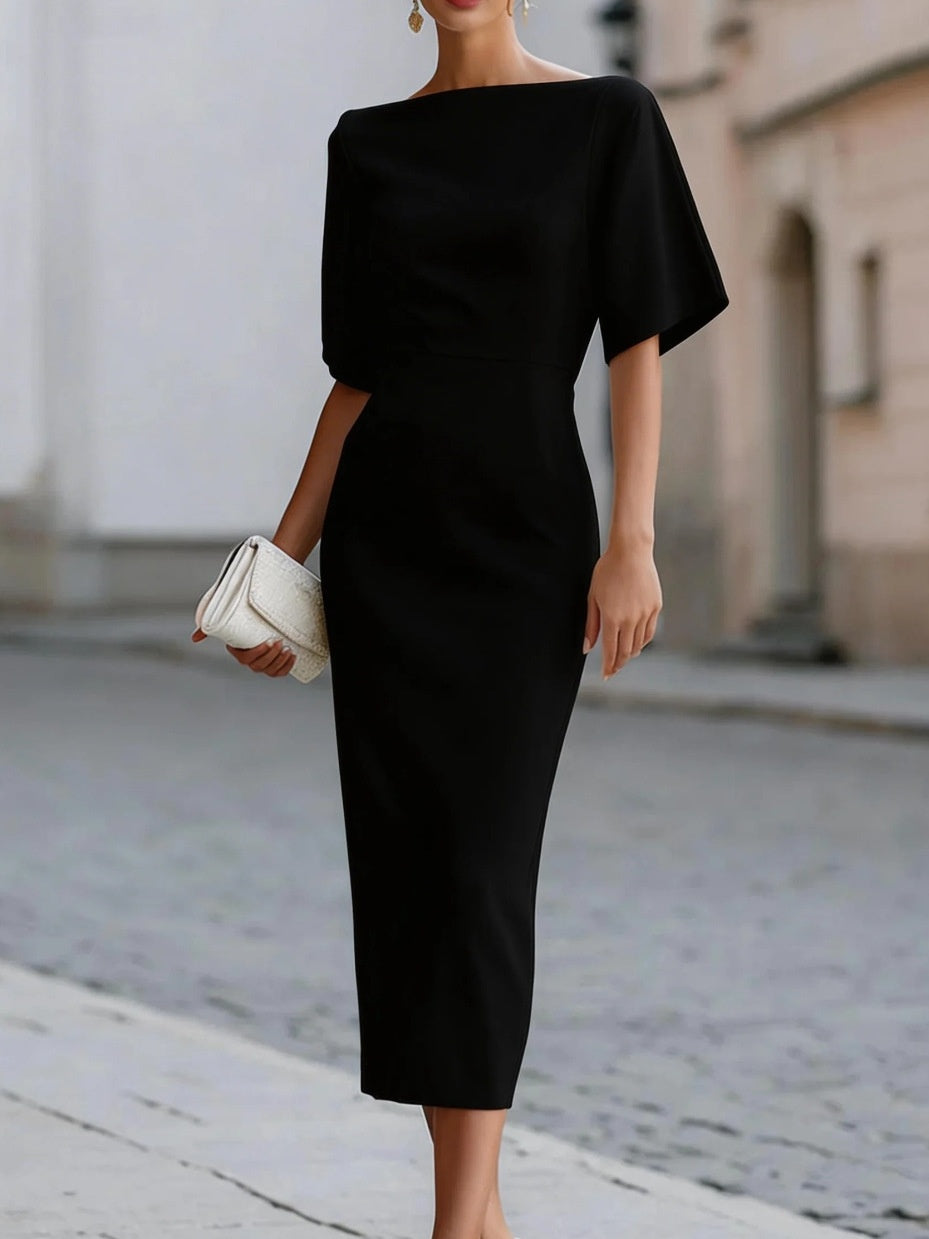 Solid Color Short-sleeved Fitted Waist Midi Dress