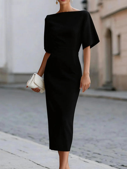 Solid Color Short-sleeved Fitted Waist Midi Dress