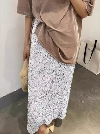 High-waisted, Slimming Sequined Midi Skirt With Elastic Waist, Back Slit, Straight Cut, Long Skirt