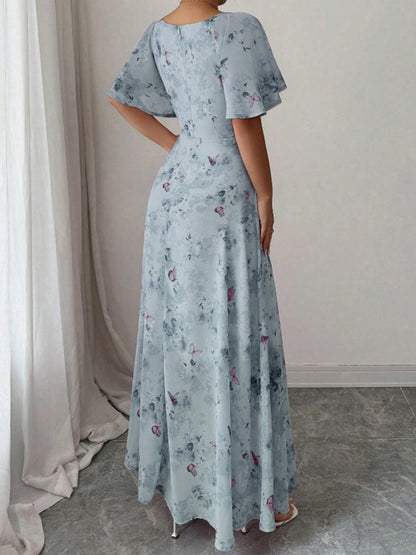 Floral Lotus Leaf Sleeves Sweetheart Collar Vacation And Leisure Maxi Dresses