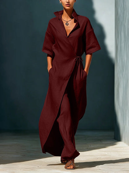 Casual V-neck Short-sleeved Tie-waist Solid Color Maxi Dresses
