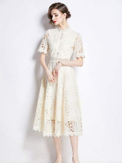 Crocheted Embroidered Lace Midi Dress