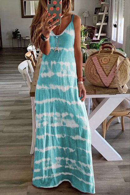 Tie-Dye Print Spaghetti Strap Deep V-Neck Boho Maxi Dress