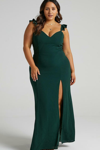 Deep V Neck Ruffle Strap Princess Seam High Slit Maxi Dress