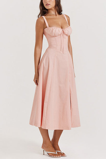 Margovil Drawstring Neck Slit Bustier Midi Cami Dress