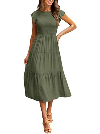 Solid Color Ruched Layered Short-sleeved Maxi Dress
