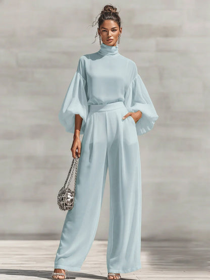 Chiffon Stand-up Collar Puff Sleeve High-waisted Draped Wide-leg Pants Two-piece Set