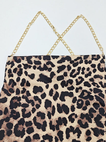 Chain Backless Camisoles Irregular High Slit Leopard Print Maxi Dresses