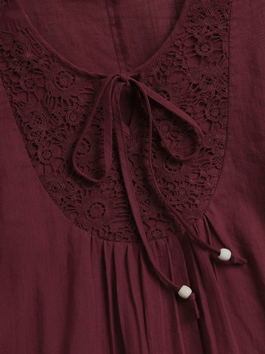Tie-up Cotton And Linen Patchwork Lace Three-quarter Sleeve T-shirt