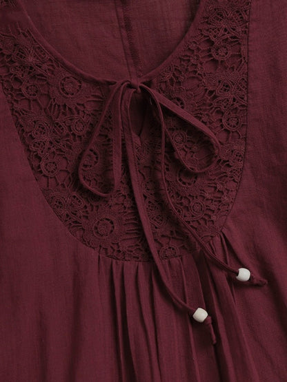 Tie-up Cotton And Linen Patchwork Lace Three-quarter Sleeve T-shirt