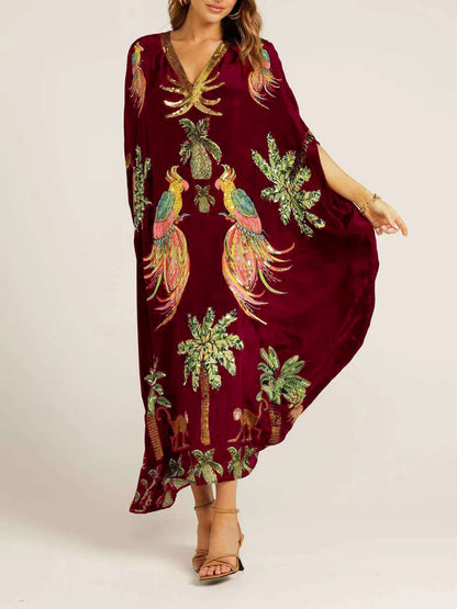 V-neck Floral Print Loose-fitting Long Dress