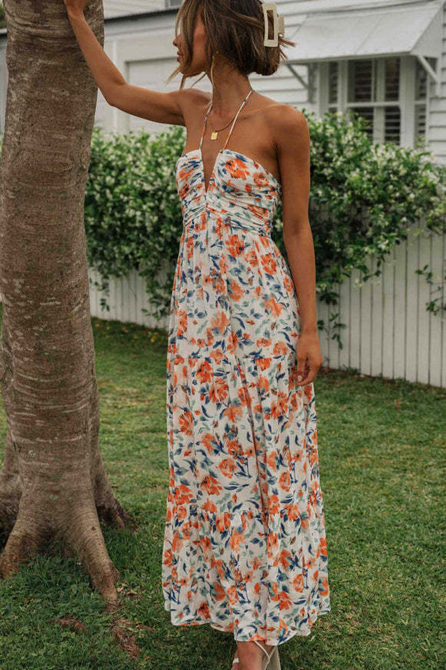 Halter V-Neck Ruched Empire Waist Tiered Floral Print Maxi Dress