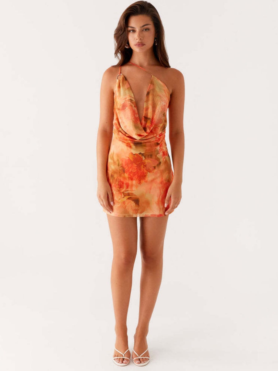 Sexy Print With A Swing Neck And One Shoulder Crossbody Mini&Short Dresses