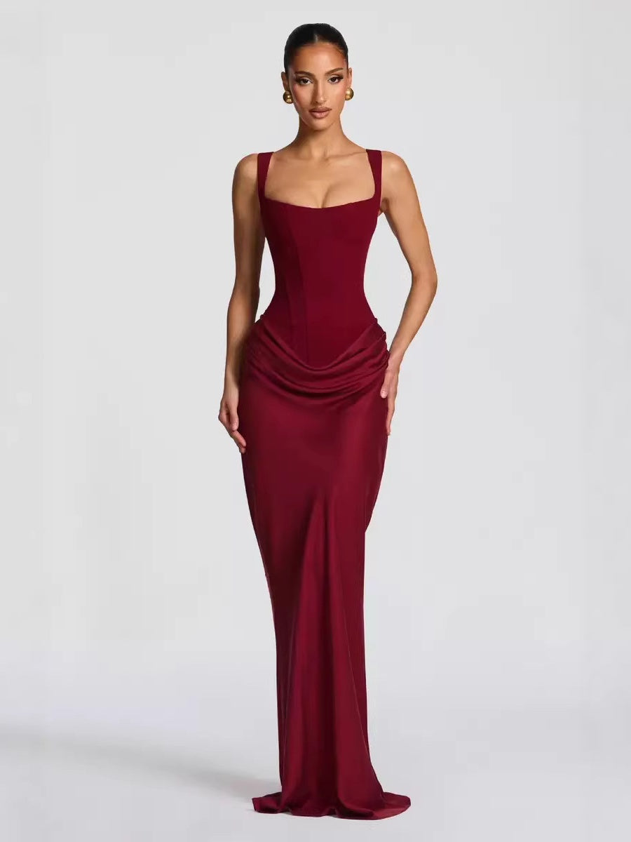 Fish Bones Waist Corset Pleated Camisoles Sleeveless Hip-hugging Maxi Dresses