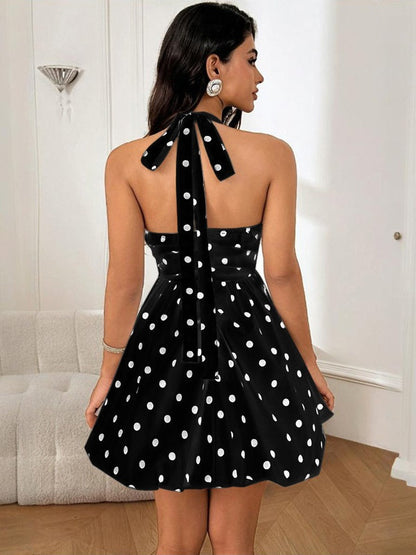 Polka Dots Printed A-line Halter Neck Short Dress