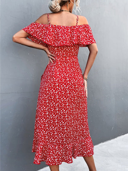 Off-the-shoulder Floral Print Sundress With Ruffles, Midi Length