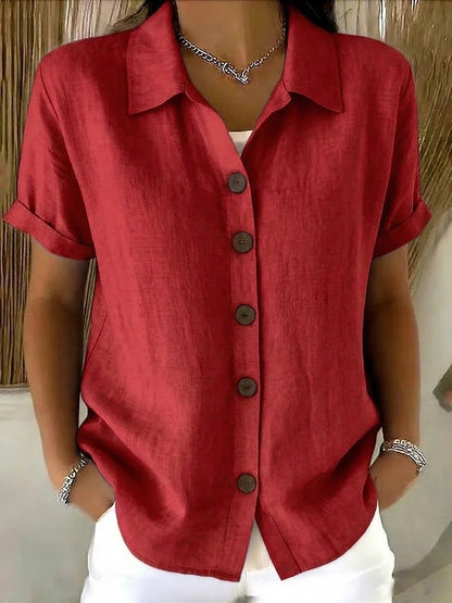 Button-up Cotton Linen Solid Color Short-sleeved T-shirt