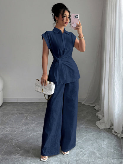 Lapel Sleeveless Kink Shirts Wide-leg Pants Business Suit 2-piece Sets