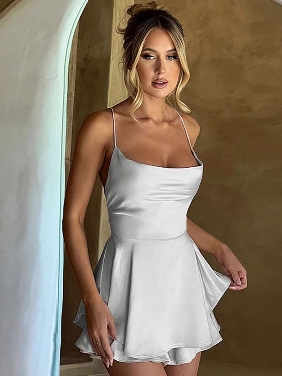 Camisoles Swing Collar Backless Drawstring Mini&Short Dresses