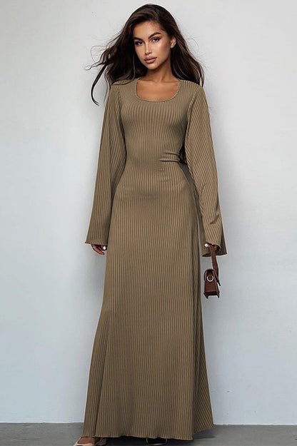 Ribbed Knit Scoop Neck Bell Sleeve Bodycon Maxi Dress