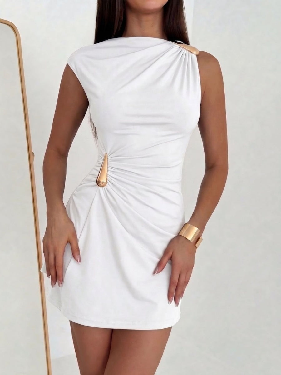 Pleated Metal Decoration Hip-hugging Mini&Short Dresses