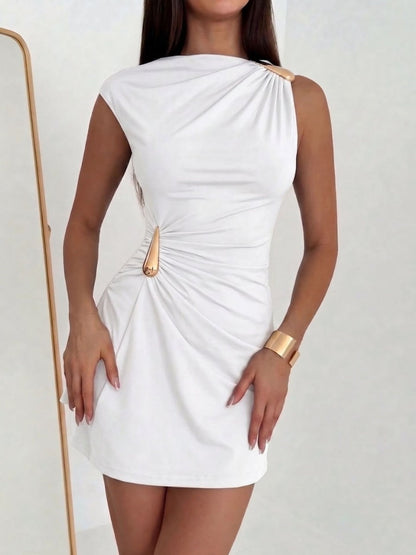 Pleated Metal Decoration Hip-hugging Mini&Short Dresses