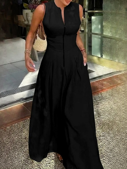 High-waisted Solid Color Sleeveless Zipper Long Dress