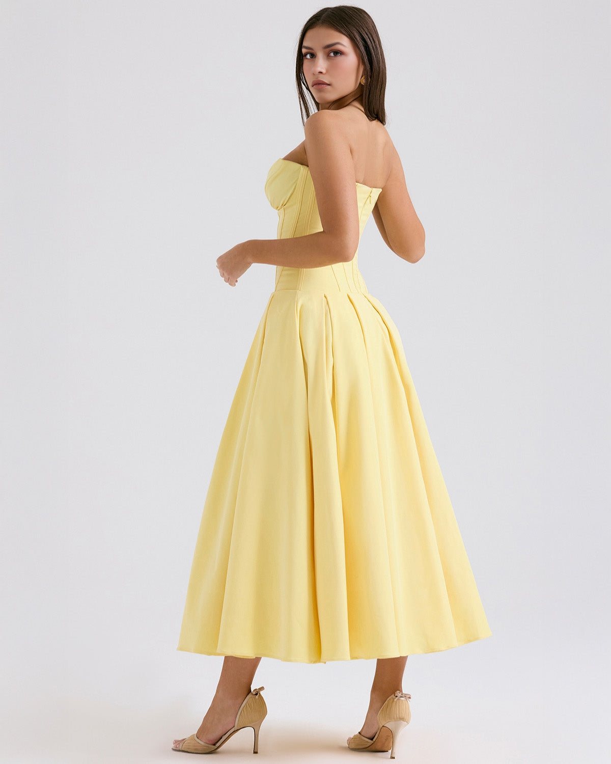 Strapless Pointed Sweetheart Corset Bodice Box Pleat A-Line Midi Dress