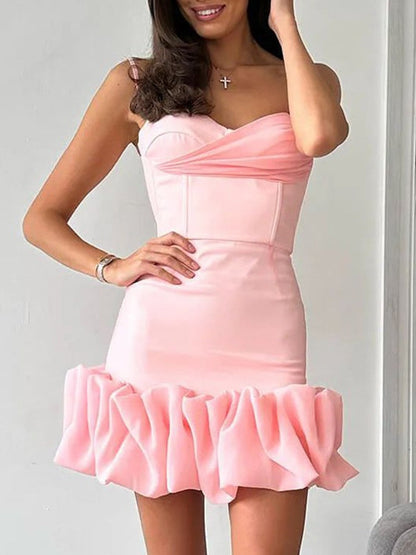 Pleated Skirt With Spaghetti Straps Slim Fit Mini&Short Dresses