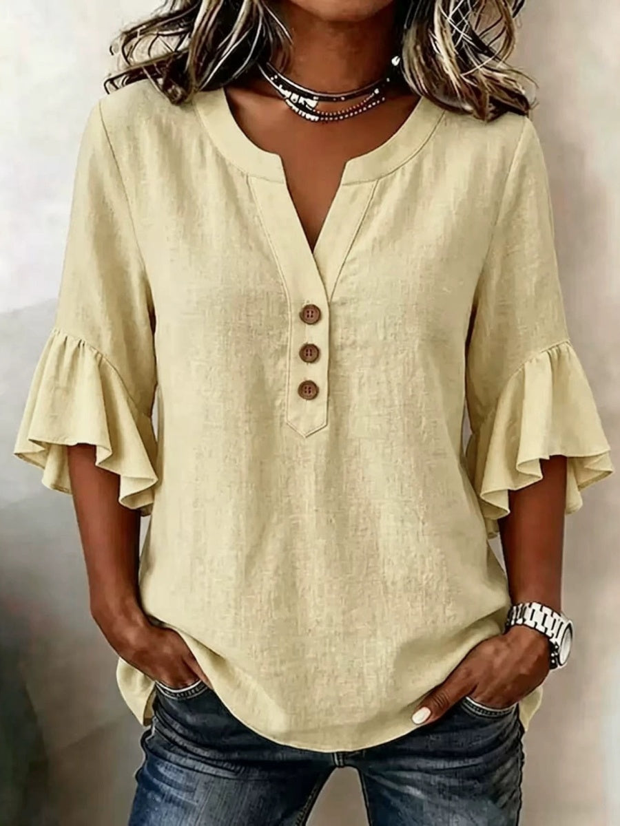 V-neck Solid Color Button Casual Ruffle Sleeve T-shirt