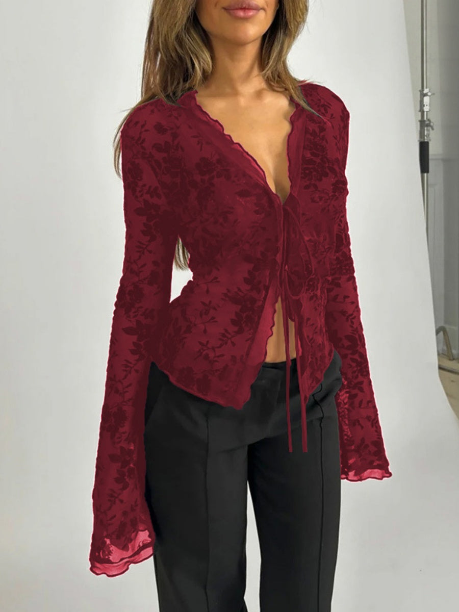 Deep V-neck Chiffon Burning Flowers Long Sleeve Designer Shirt