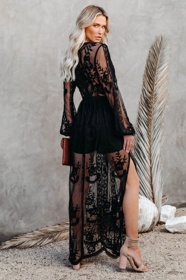 Deep V Neck Floral Lace Embroidered Long Sleeve Side Slit Maxi Dress